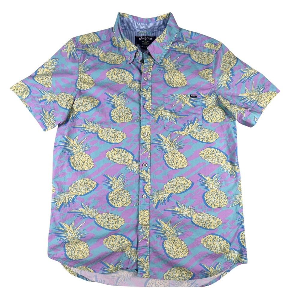 Chubbies Shirt Mens L Teal Purple Pineapple‎ Print Regular Fit Short Sleeve